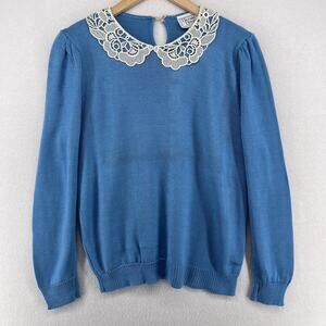 HERALD HOUSE Sweater L Womens Lace Collar Pullover Cottagecore Blue USA VTG